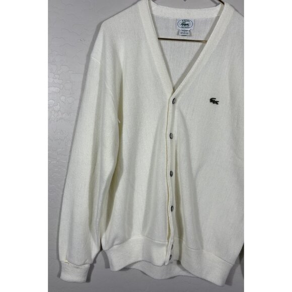 VTG Izod Lacoste Mens L White Cardigan Orlon Made USA 80s Preppy Old Money - Picture 2 of 11